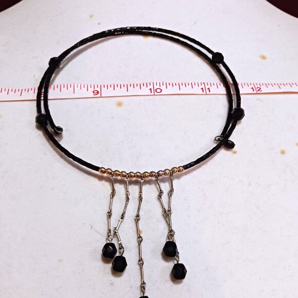 Handmade Black and Silver Beaded Fringe Choker Memory Wire Necklace - Picture 5 of 8